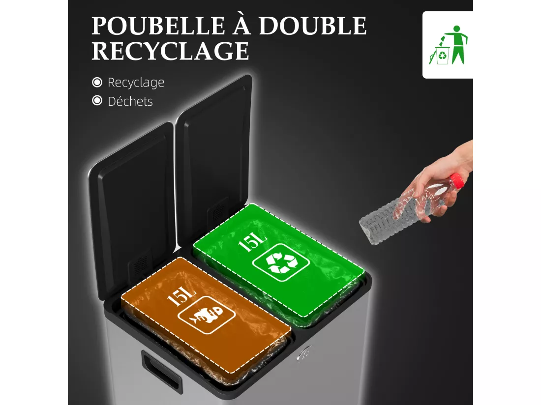 Poubelle automatique détecteur de mouvement poubelle tri selectif 2 bacs capacité totale 30L acier inox. brossé