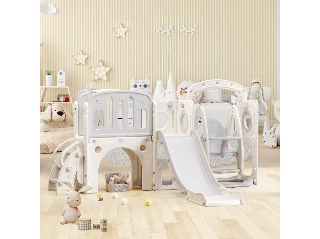 Toboggan 7 en 1 pour enfants - 215 x 150 x 106cm - en HDPE - avec balançoire et panier de basket - Blanc
