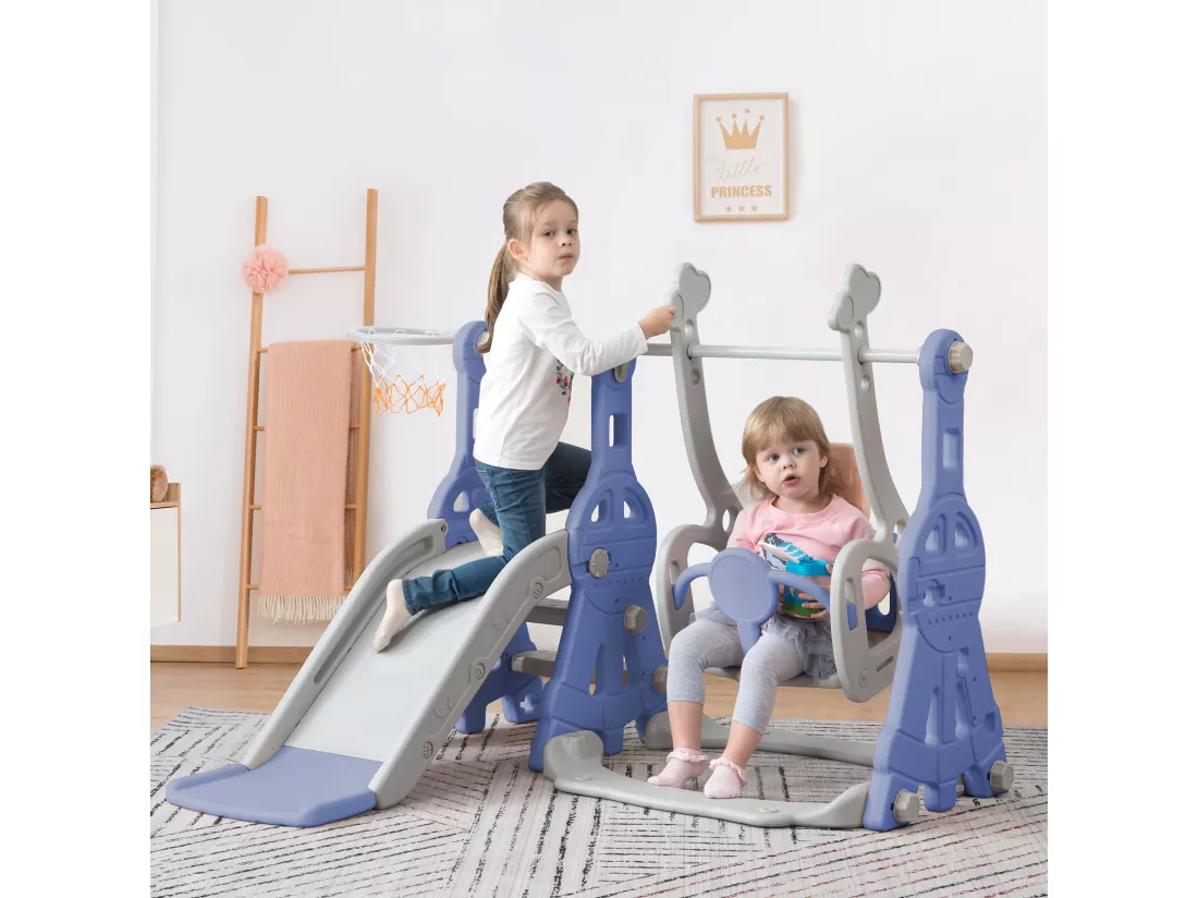Toboggan 4 en 1 - avec escalier, balançoire, panier de basket - bleu