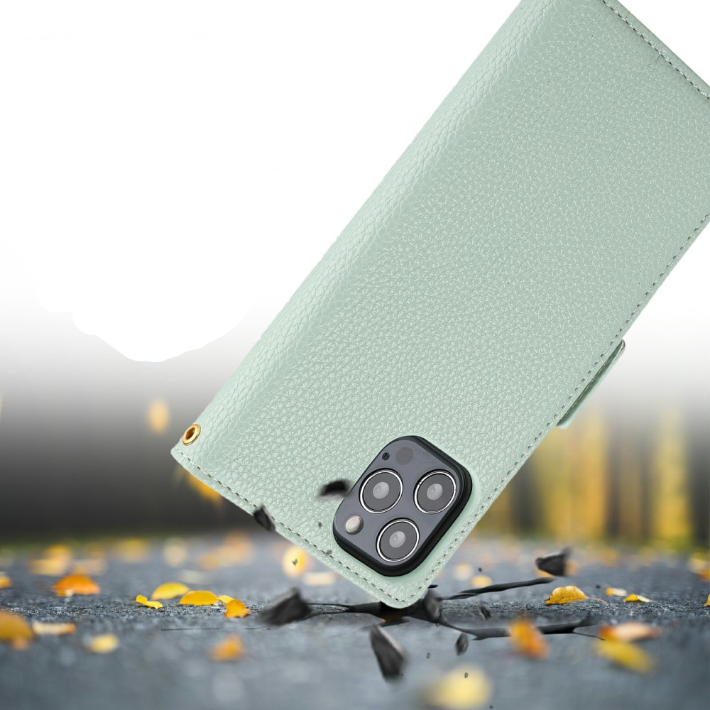 iPhone 12 / iPhone 12 Pro Leder Tasche Flip Cover Litchi Look mit Kartenfächern Geometrisches Design - Grün / Rosa / Weiss