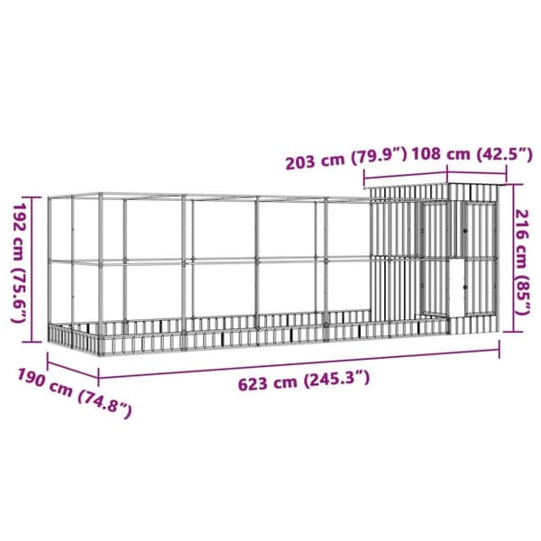 vidaXL Voliere med forlengelse sølv 623x203x216 cm stål