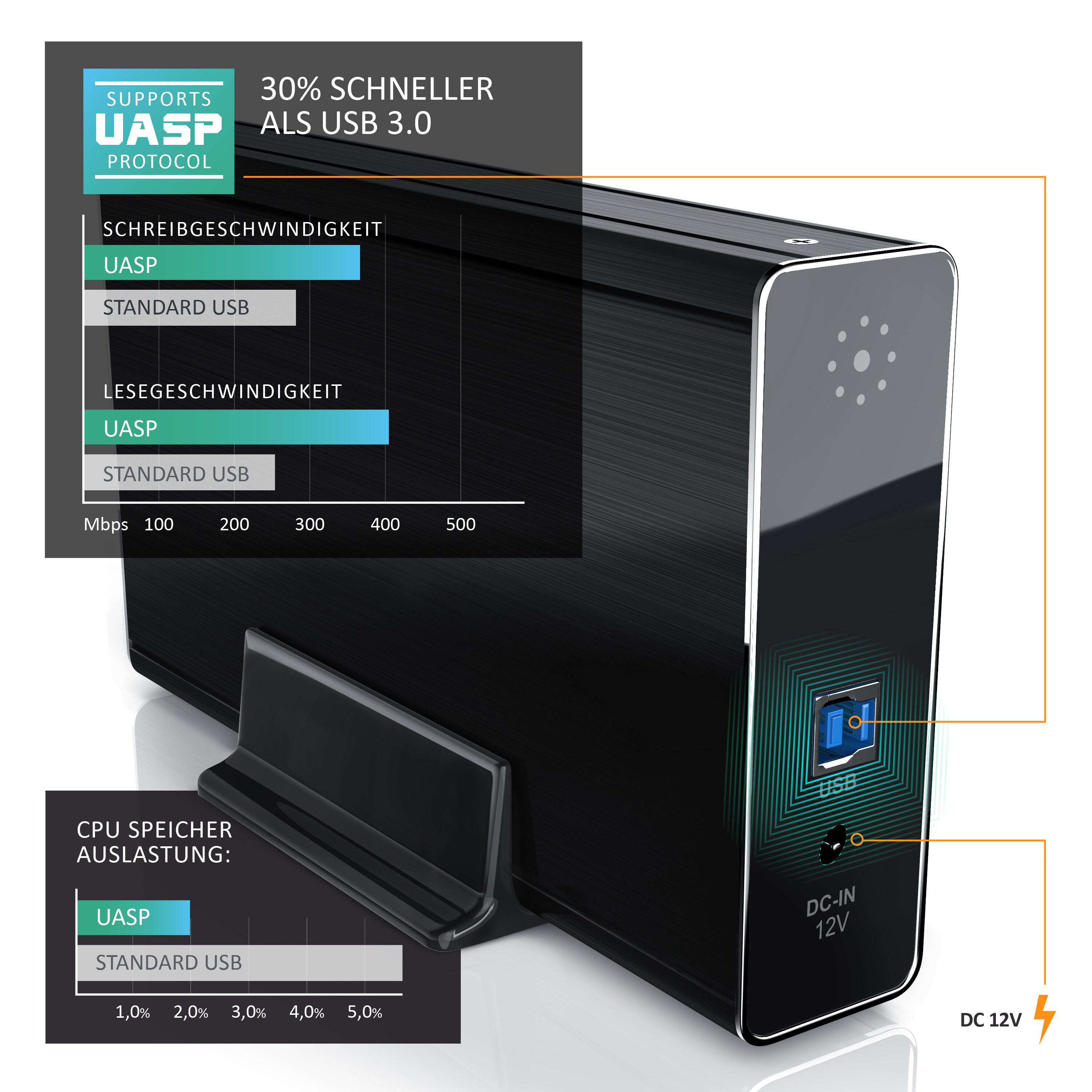 Aplic USB 3.0 Festplattengehäuse 3,5 Zoll extern - gebürstetes Aluminium - für SSD und HDD - SATA - UASP - Super Speed 5 Gbit s - Plug and Play
