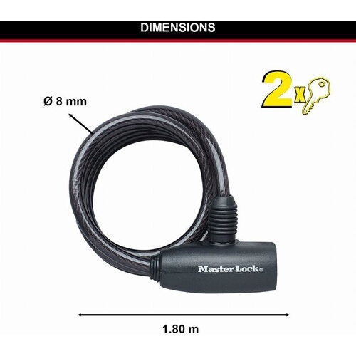 Câble antivol  à clé 1.8 m x 8 mm 2 clés noir