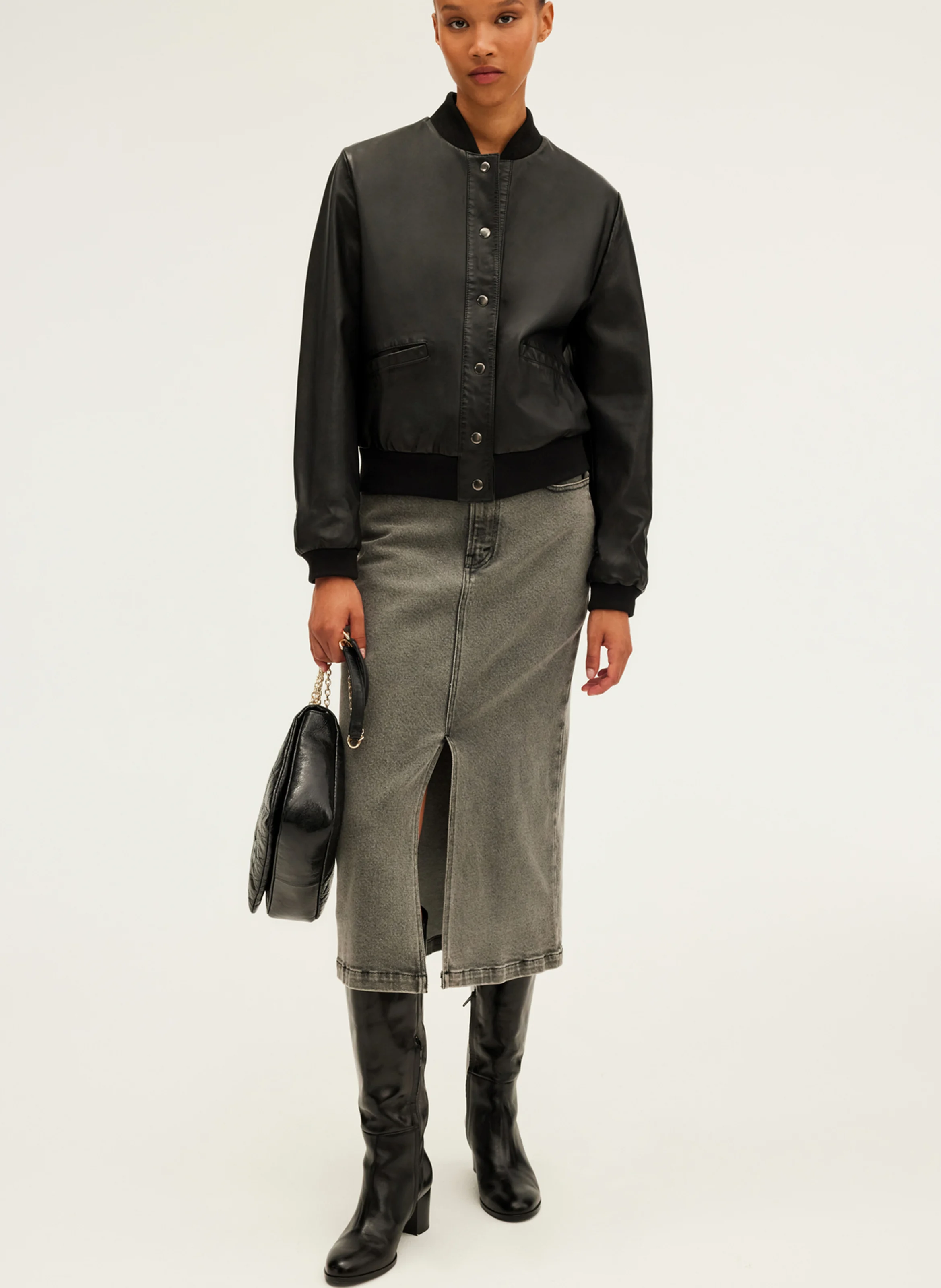 BESS - Blouson col teddy en cuir | Noir