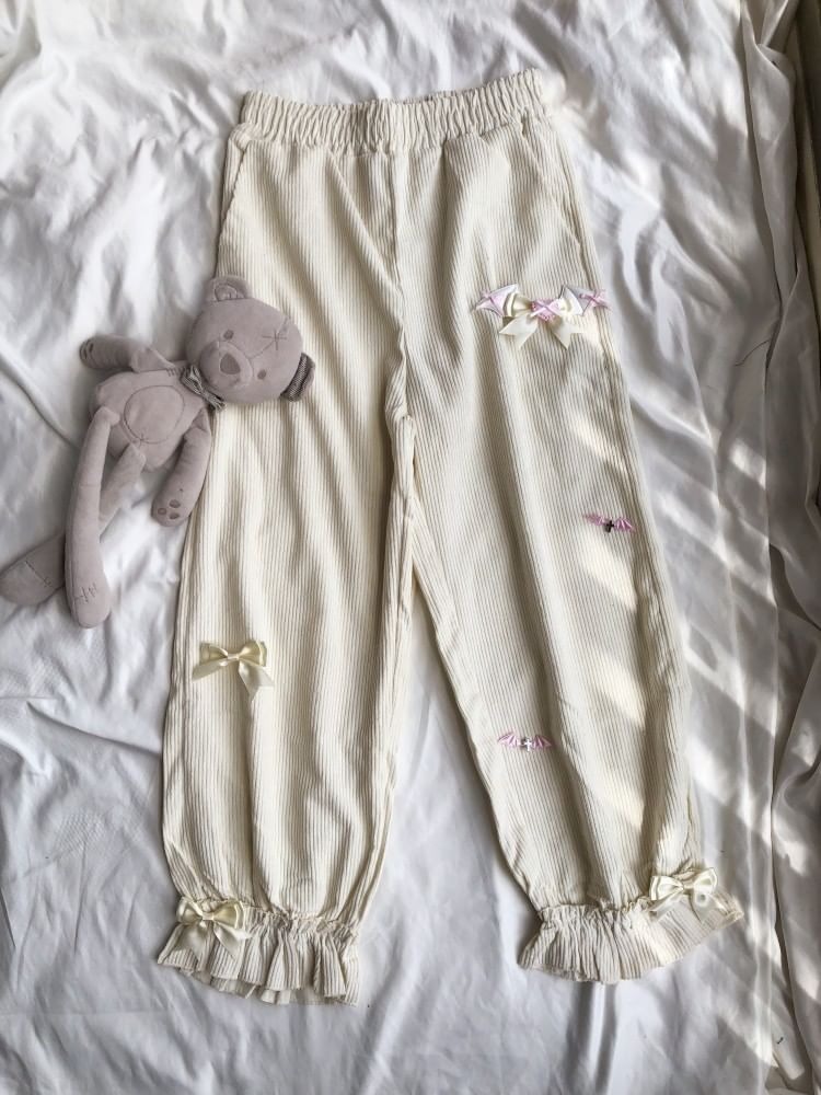 Miu B - Corduroy broek met hoge taille en strik, recht model