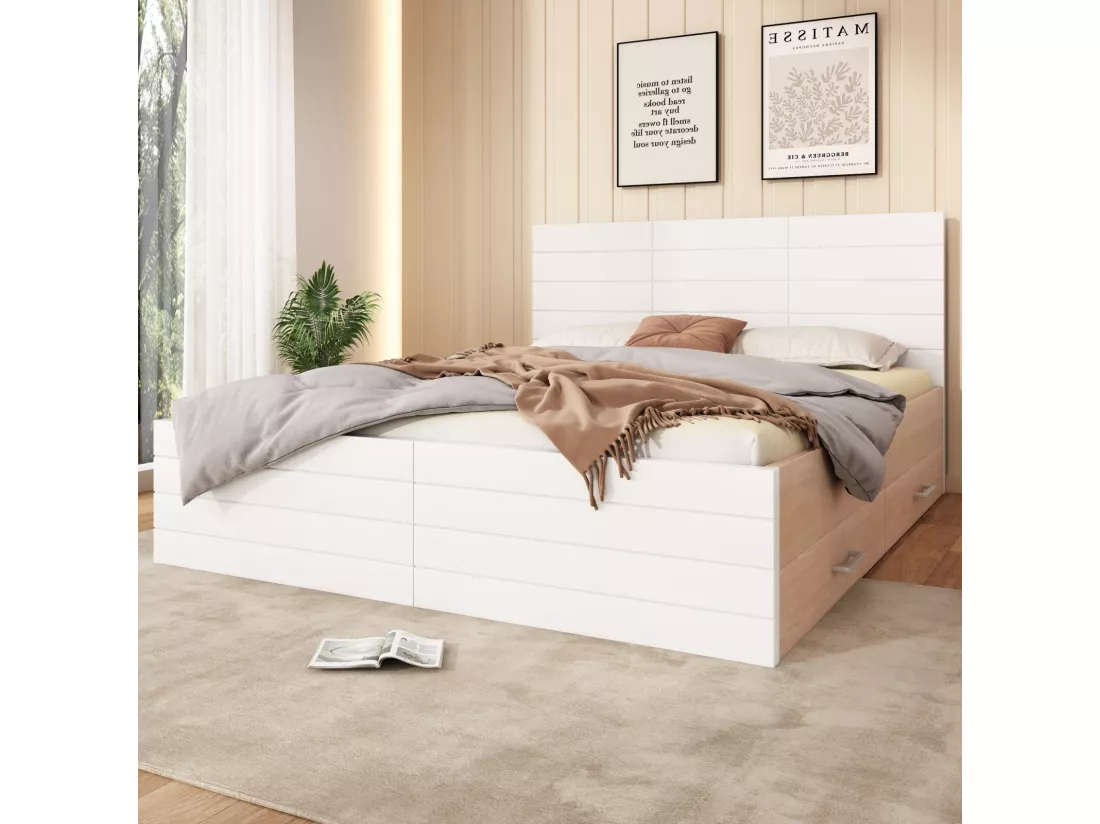 Lit avec rangements 180 × 200 cm - chêne - 2 tiroirs - blanc et grain de bois - 207×185x80cm