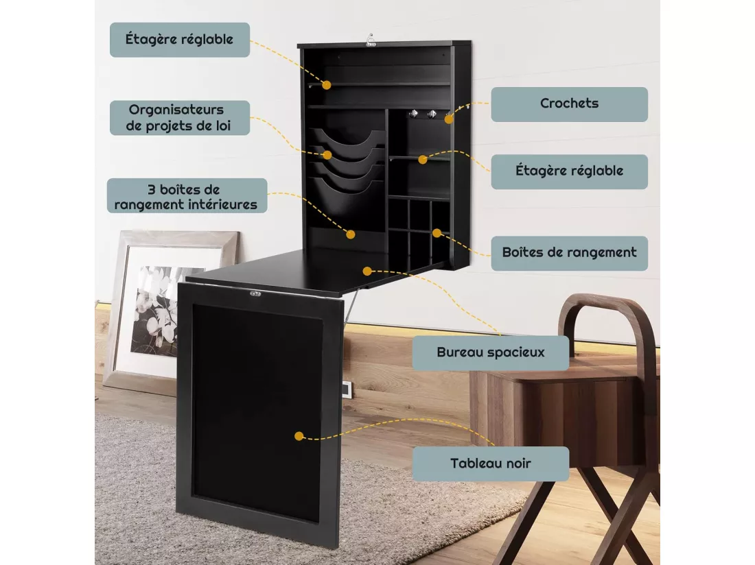 Bureau Mural Rabattable, Table Murale Pliable avec Compartiments Intégrés et Plateau Inscriptible, 87 x 60 x 150 CM Noir