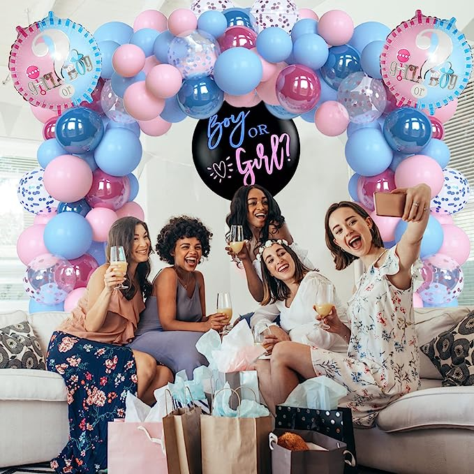 (168-tlg. Set) Baby Shower Party Deko Gender Reveal Ballons / Girlande / Party Geschirr / Schärpe - Rosa / Blau