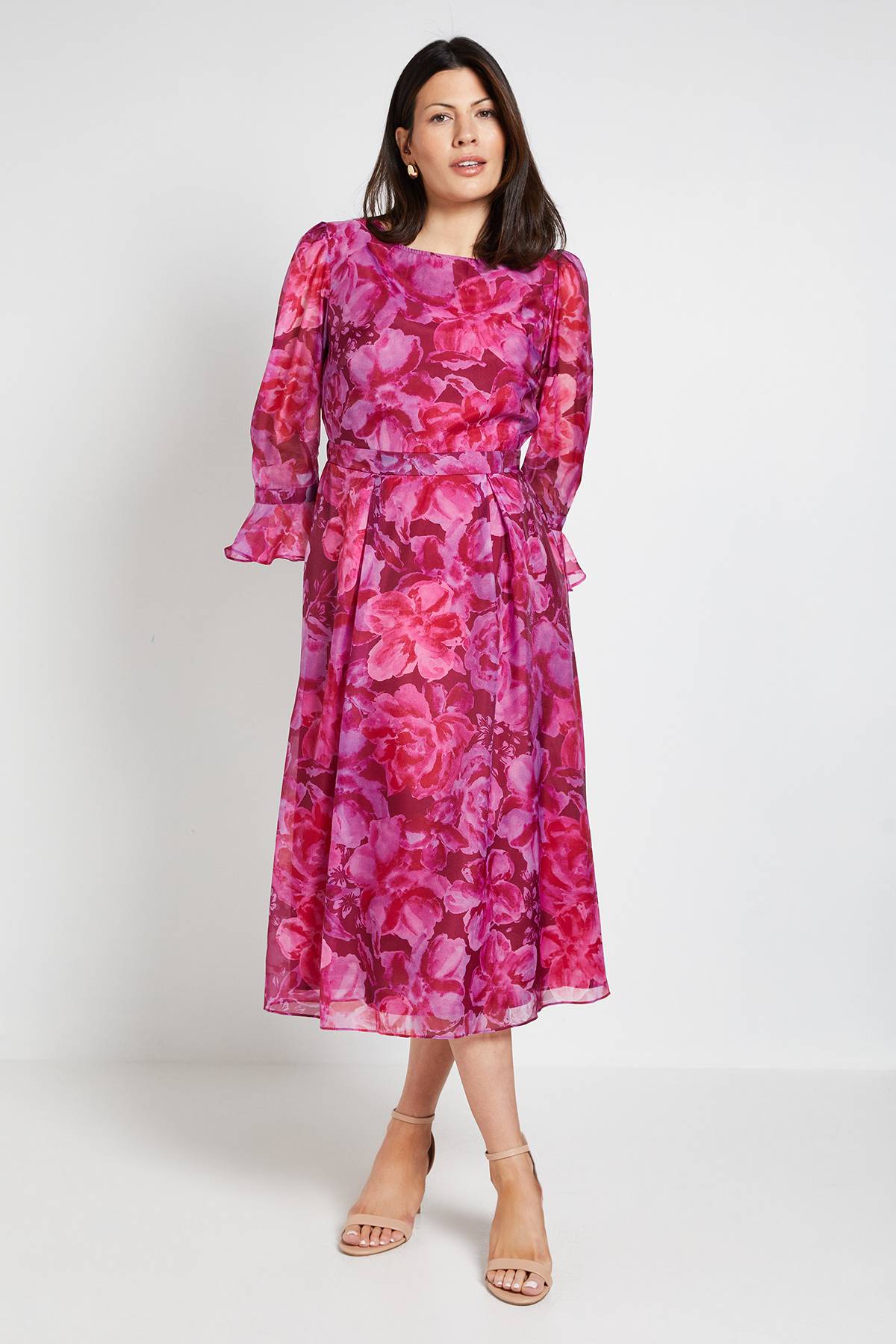 Wallis Robe Midi En Organza Floral À Manches Évasées