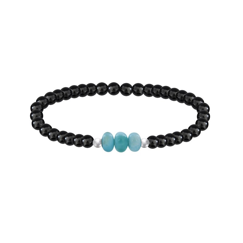 Duo Bracelets Homme et Femme Perles d'Hématites et Trois Anneaux de Larimar