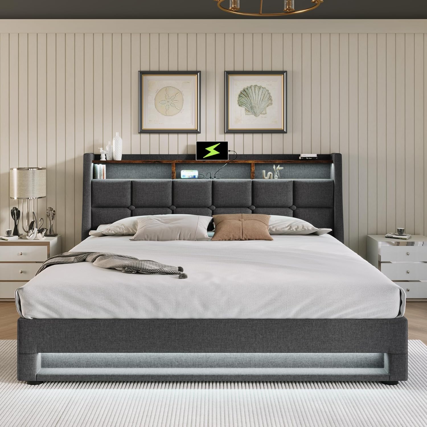 Boxspringbett mit Stauraum, Polsterbet 180x200 Doppelbett mit LED und 2 USB-Anschluss, Hydraulisch Stauraumbett Rückenlehne Bettgestell, Lattenrost aus Holz ohne Matratze, Grau