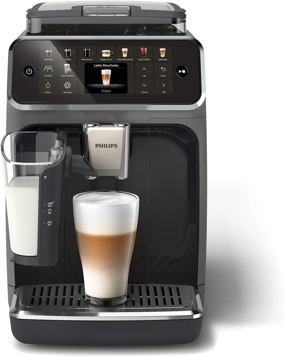 Serie 5500 Kaffeevollautomat inkl. Latte Go, SilentBrew-Technologie, Schnellstart. Aromatischer Kaffee aus frisch gemahlenen Bohnen, 20 Heiß- und Eisgetränke, Grau (EP5544/50)