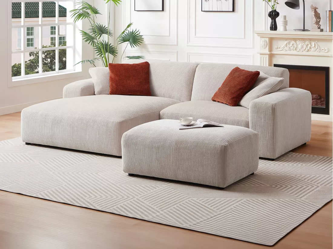 Canapé d'angle gauche et pouf en velours côtelé beige TIRONO de Maison Céphy