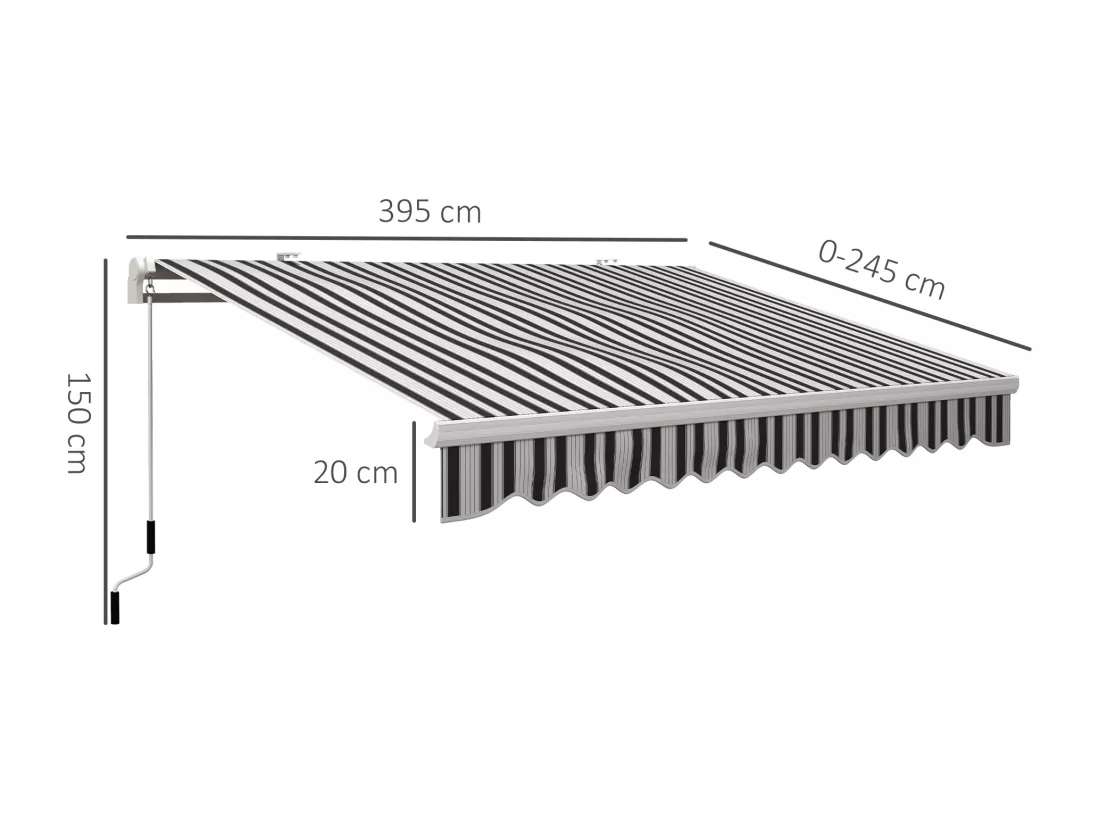 Store banne manuel rétractable alu. polyester imperméabilisé haute densité 4 x 2,5 m bleu blanc rayé