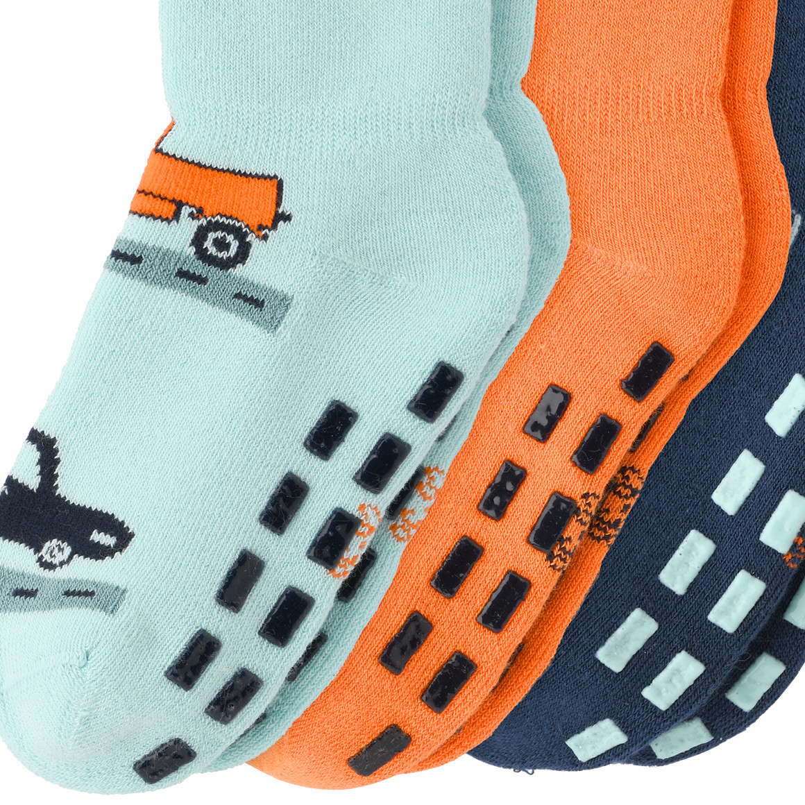 Topomini 3 Paar Baby Stoppersocken mit Auto-Motiven dunkelblau / orange / türkis