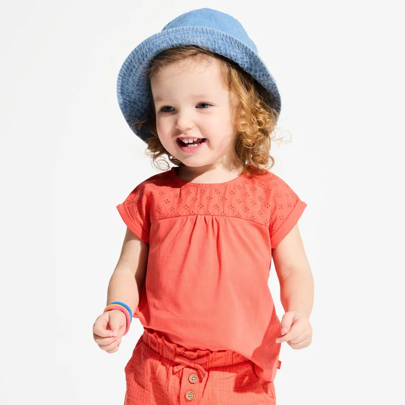 T-shirt bi-matière broderie anglaise orange bébé fille Orange