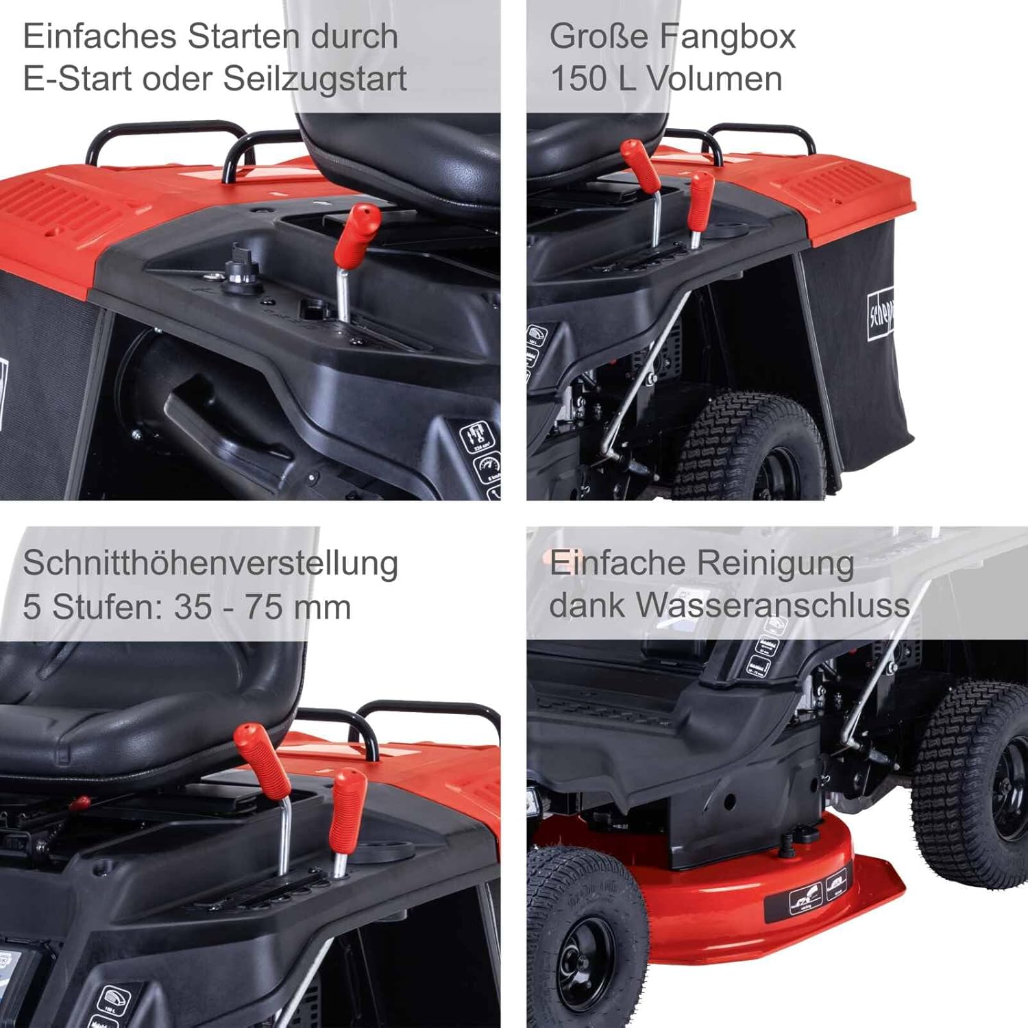 Scheppach Benzin Rasentraktor Aufsitzmäher MR225-61 | 6PS | E-Start | Schnittbreite 61cm | Schnitthöhe 35-75mm | 150L Fangbox | 4xVor- / 1xRückwärtsgang | Rasenmäher Aufsitzrasenmäher