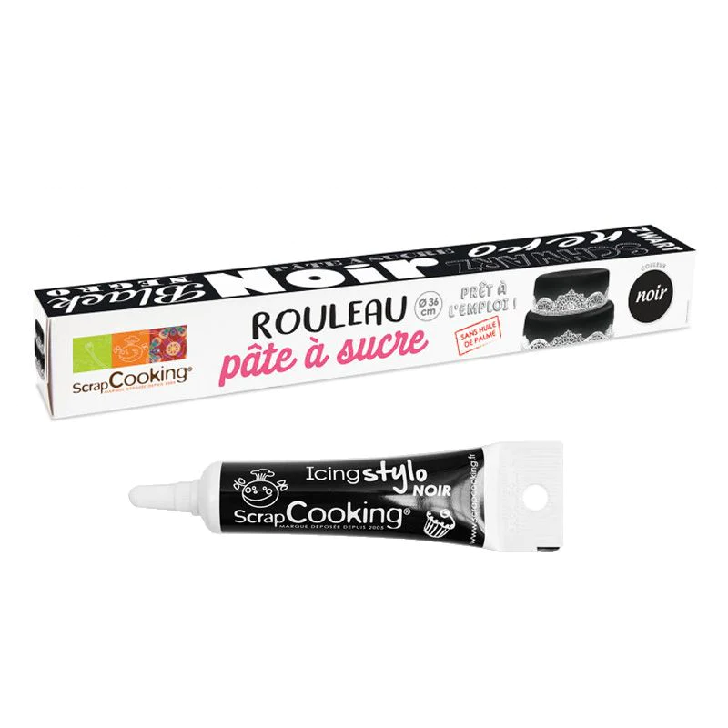 Pâte à sucre en rouleau noir Ø 36 cm + Stylo de glaçage noir Scrapcook