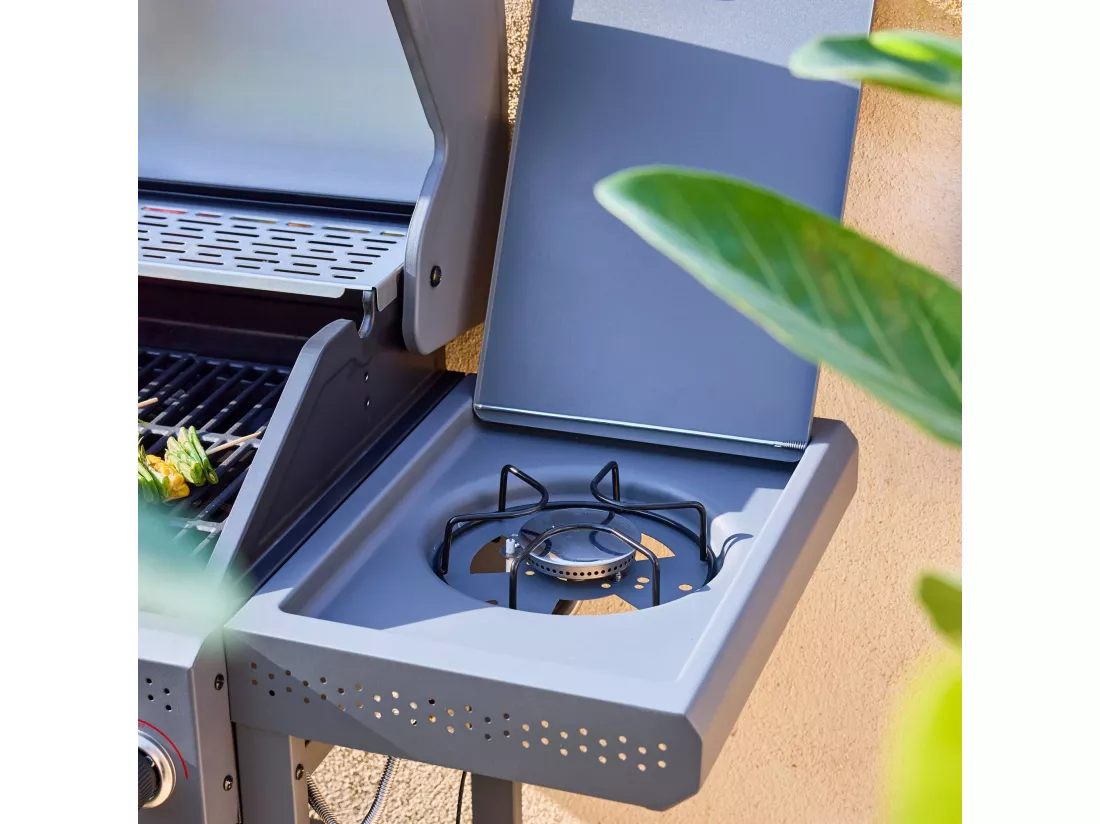 Barbecue au gaz Edmond noir - 6 brûleurs + 1 feu latéral. avec thermomètre. L 132x P62 x H143 cm