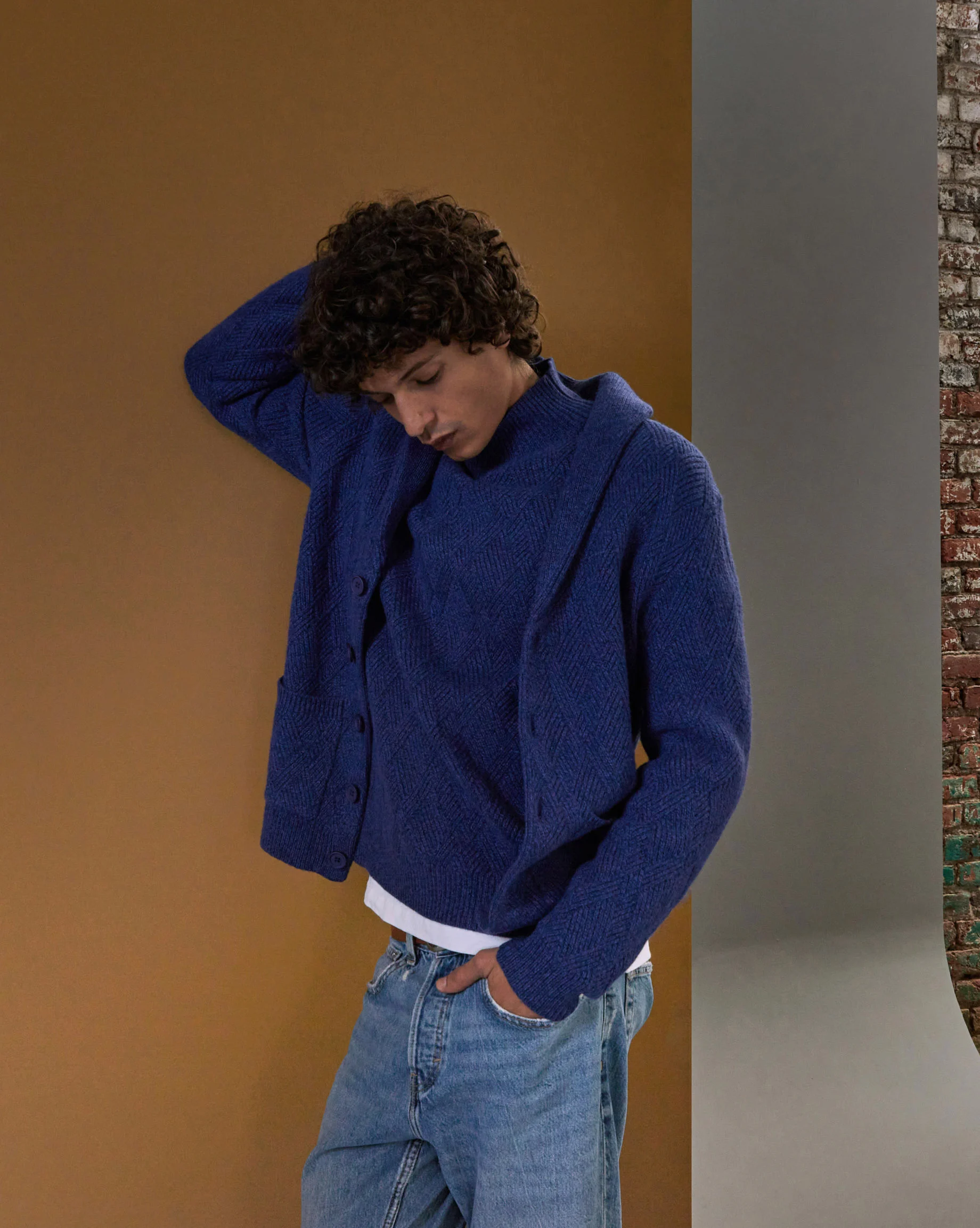 Veste col châle en laine mélangée | Bleu