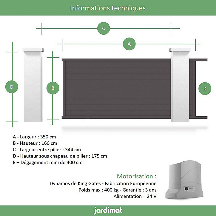 Portail Jardimat coulissant motorisé aluminium Alpes gris antique - 350 x h.160 cm