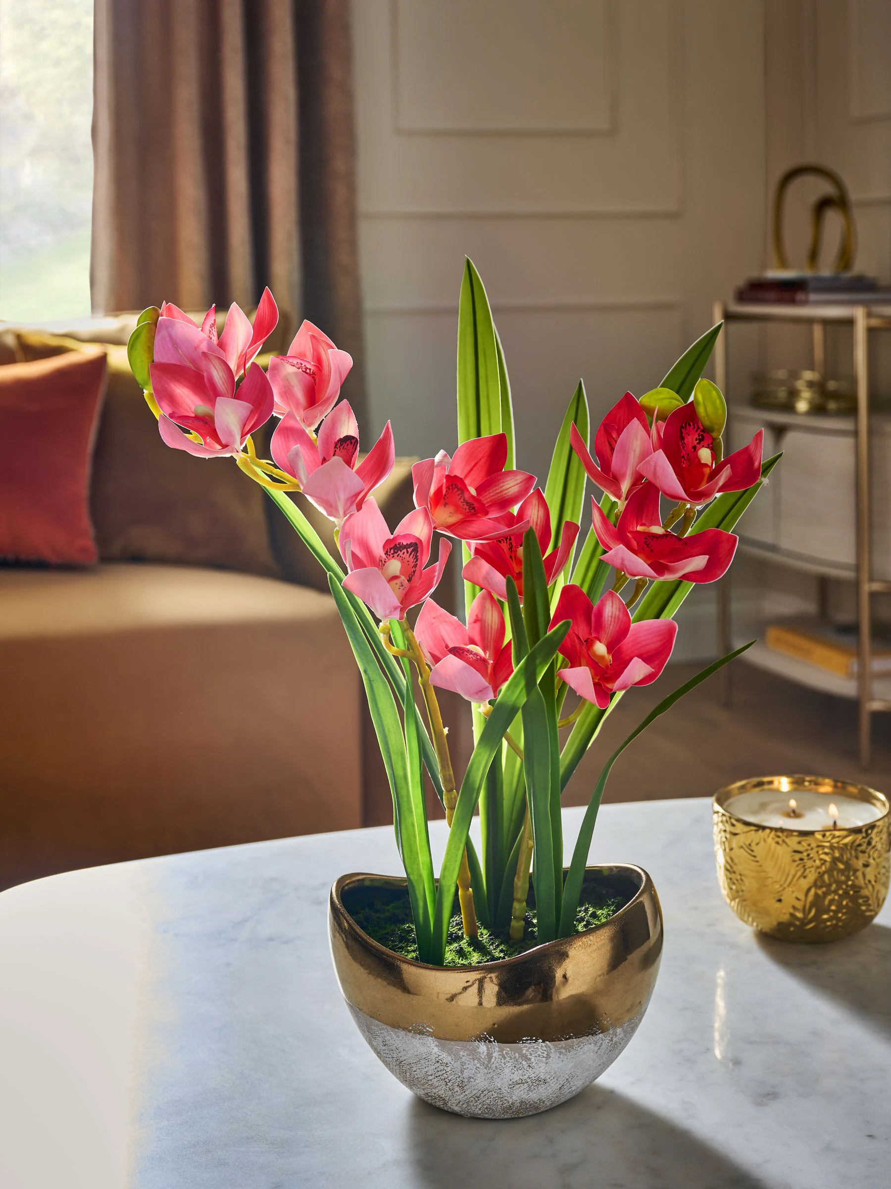 Artificial Orchid In Gold Ceramic Pot