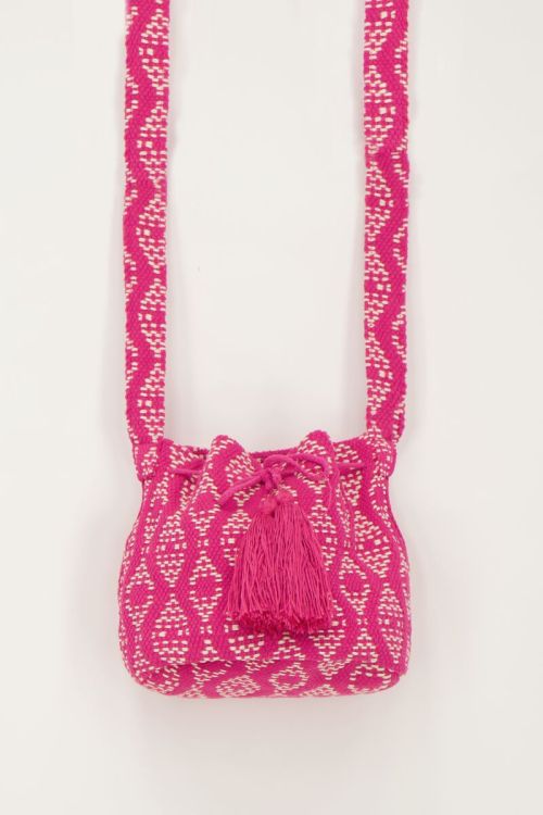 Roze ronde schoudertas met geweven Aztec print