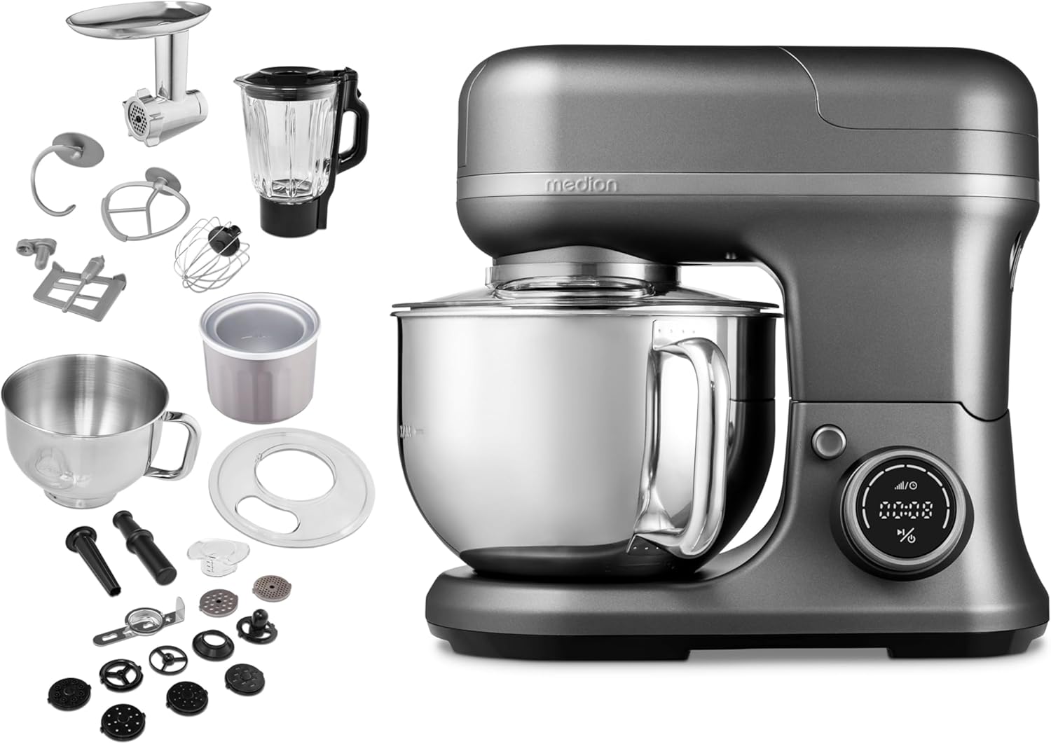 MEDION Küchenmaschine (Mixer, Fleischwolf, Eisschüssel für Zubereitung von Eis, 4 in 1, 1.200 Watt, Reiben Raspeln Schneiden, Digitales Touch Display, Knetmaschine, Teigmaschine, MD18440) Titan