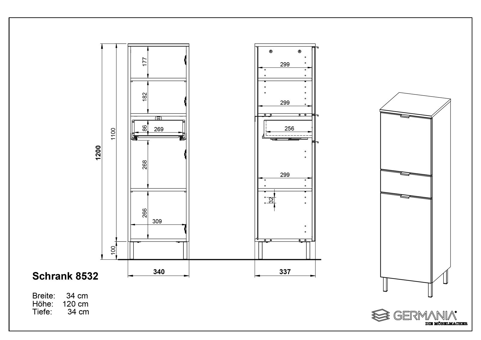 Mittelschrank FEY 34 x 120 cm Graphit/ Eiche