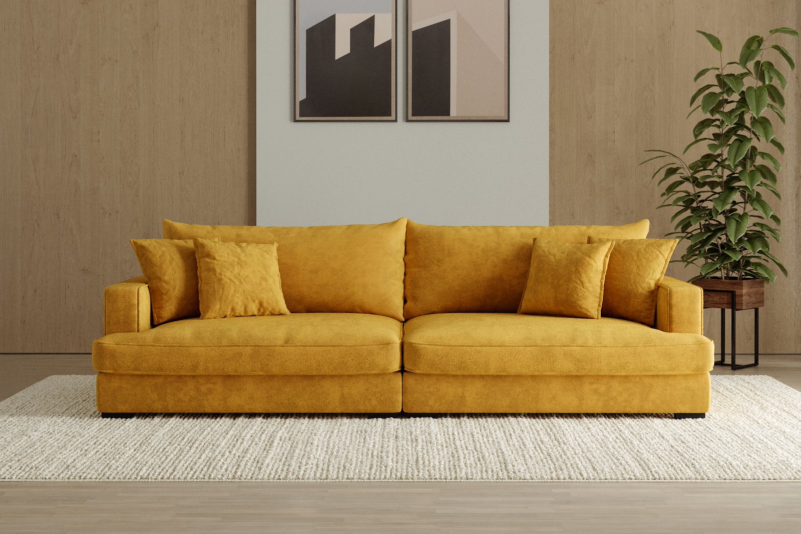 Rossi Lux 4-seter sofa Tekstil Genesis 10 Golden Yellow, arm A med sorte ben. Lux Komfort.