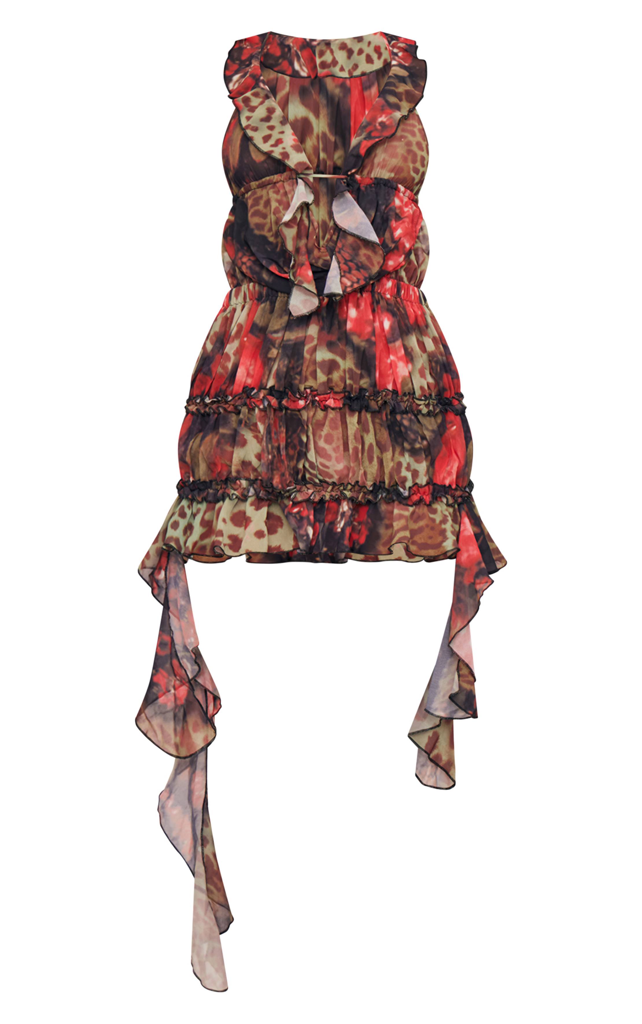 Multicolore Robe Moulante À Volants En Mousseline