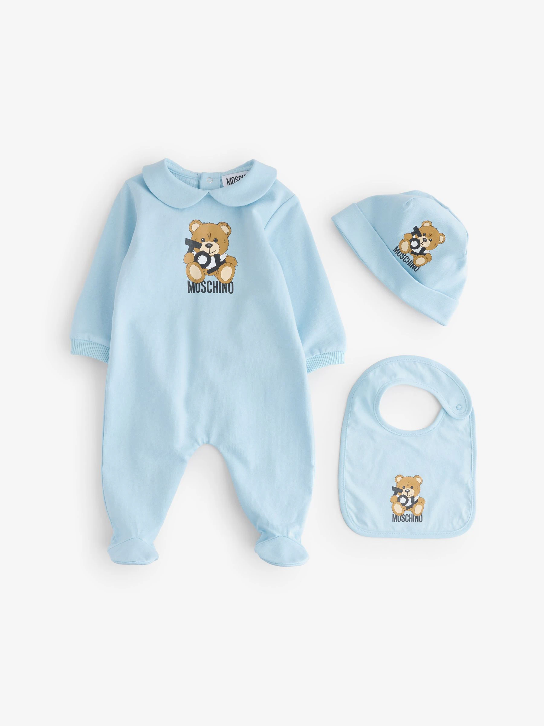 Blauw - Moschino Baby Logo Sleepsuit, Hat & Bib Giftset With Giftbox