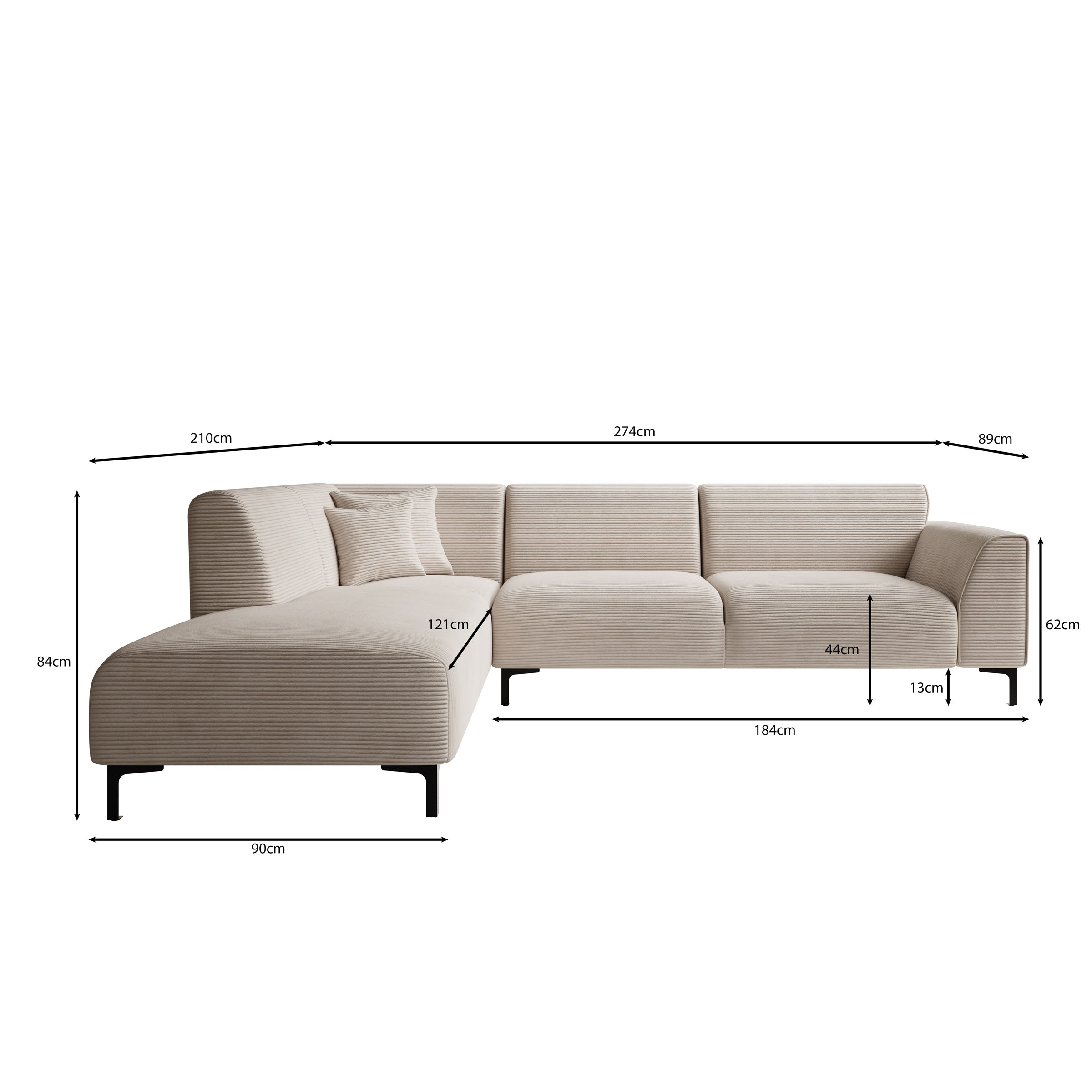 Moana - Hoekbank 4-zits met chaise longue - Ribstof beige - Links