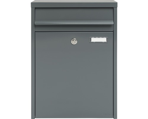 MEFA brievenbus, gepoedercoat staal, BxHxD 345/470/170 mm, Piano 350, basaltgrijs RAL 7012, zijdemat, met naamplaatje en klep