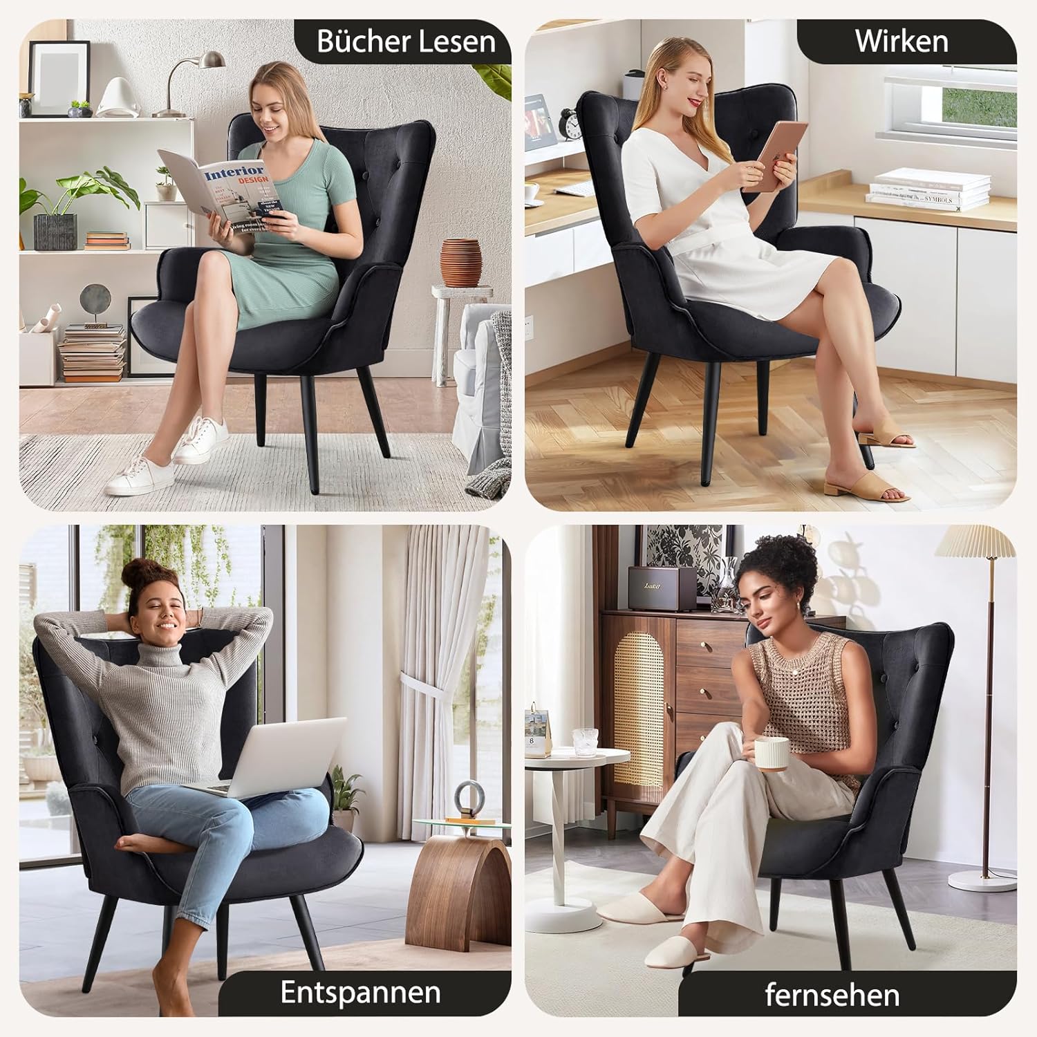Ohrensessel Sessel Wohnzimmer 2er Set, Skandinavischer Stil Relaxsessel Samt mit Hoher Rückenlehne Loungesessel Polstersessel fürs Wohnzimmer Schlafzimmer Arbeitszimmer, Schwarz