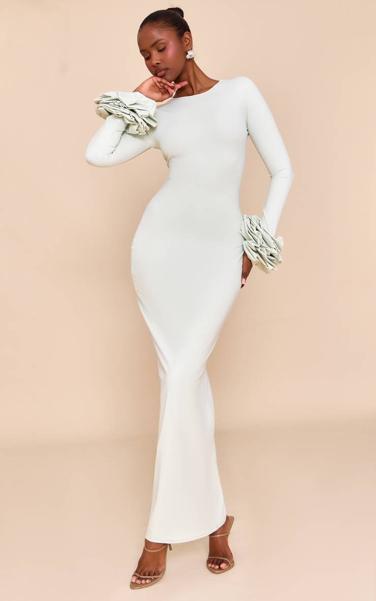 Vert Sauge Robe Longue À Manches Bouffantes