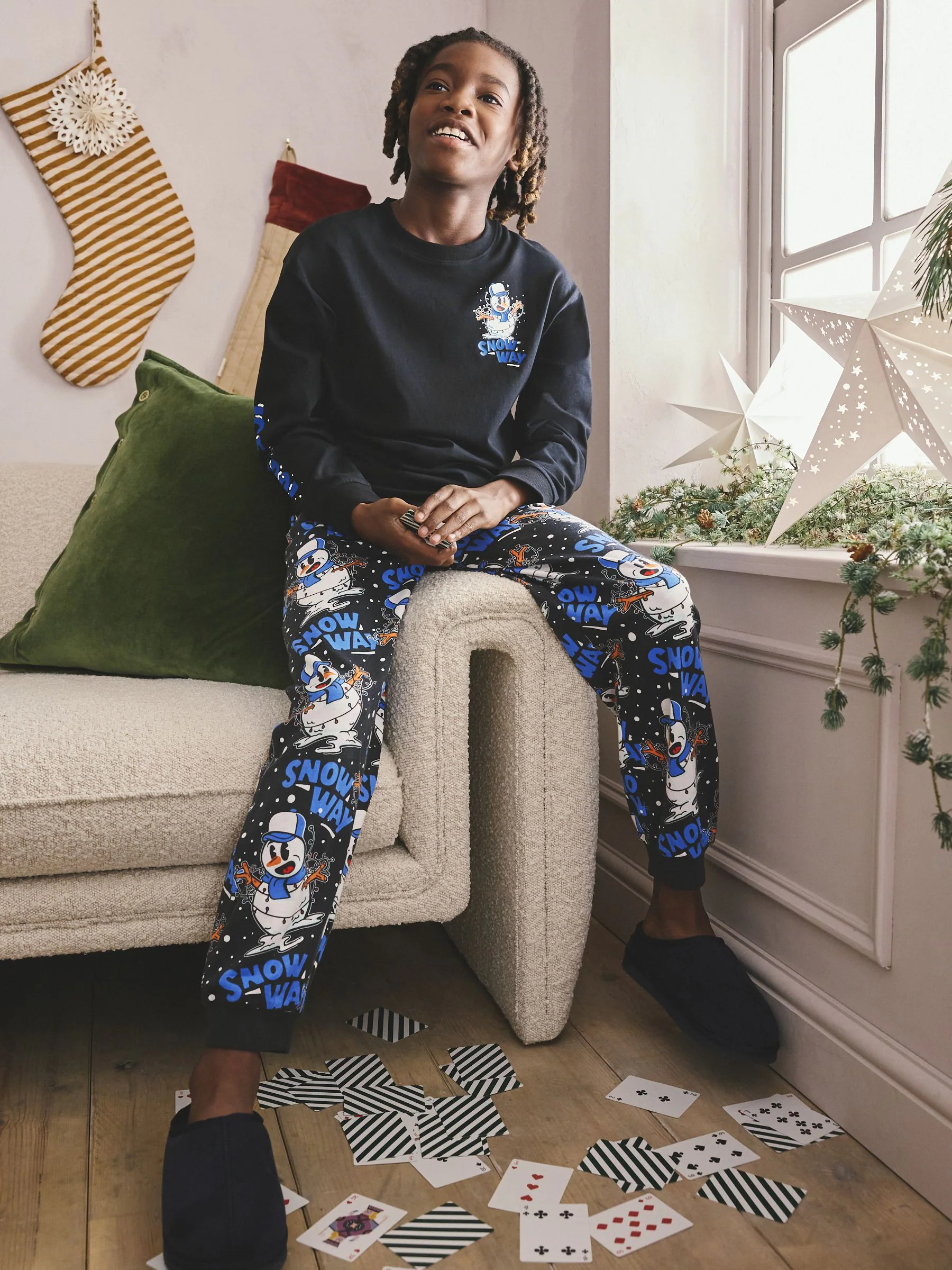 Blauw/zwarte sneeuwpop - Enkele kerstpyjama (5-16jr)