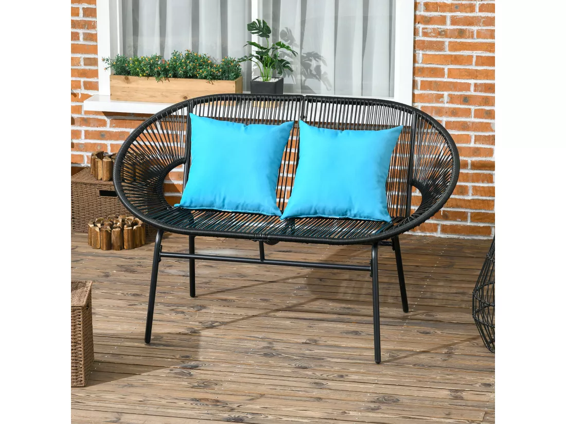 Banc de jardin 2 places design Acapulco 2 coussins métal résine filaire noir