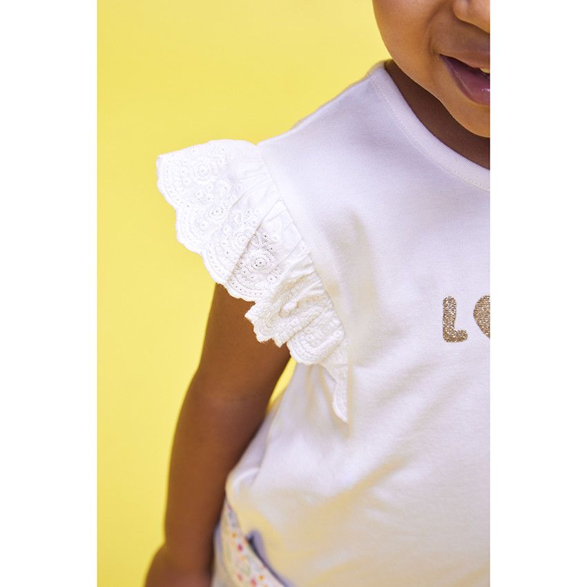 T-shirt manches courtes volantées en jersey avec print glitter pour bébé fille - Ecru