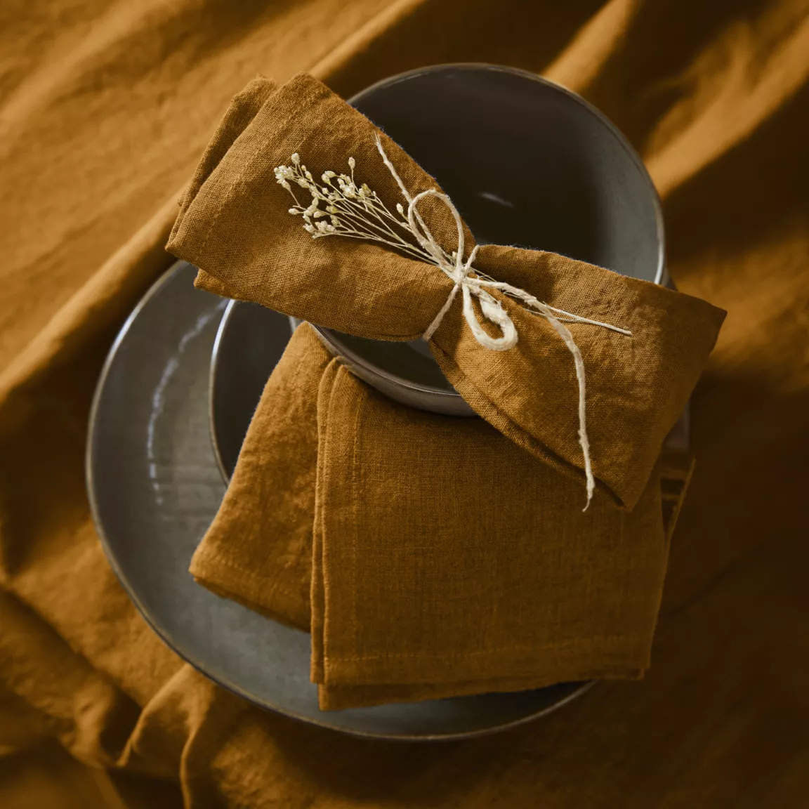 Lot de 3 serviettes lin lavé (40 x 40 cm) Louise Caramel