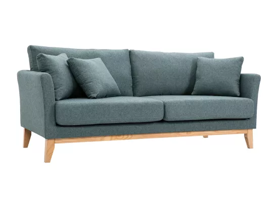 Canapé scandinave déhoussable 3 places en tissu vert de gris et bois clair OSLO