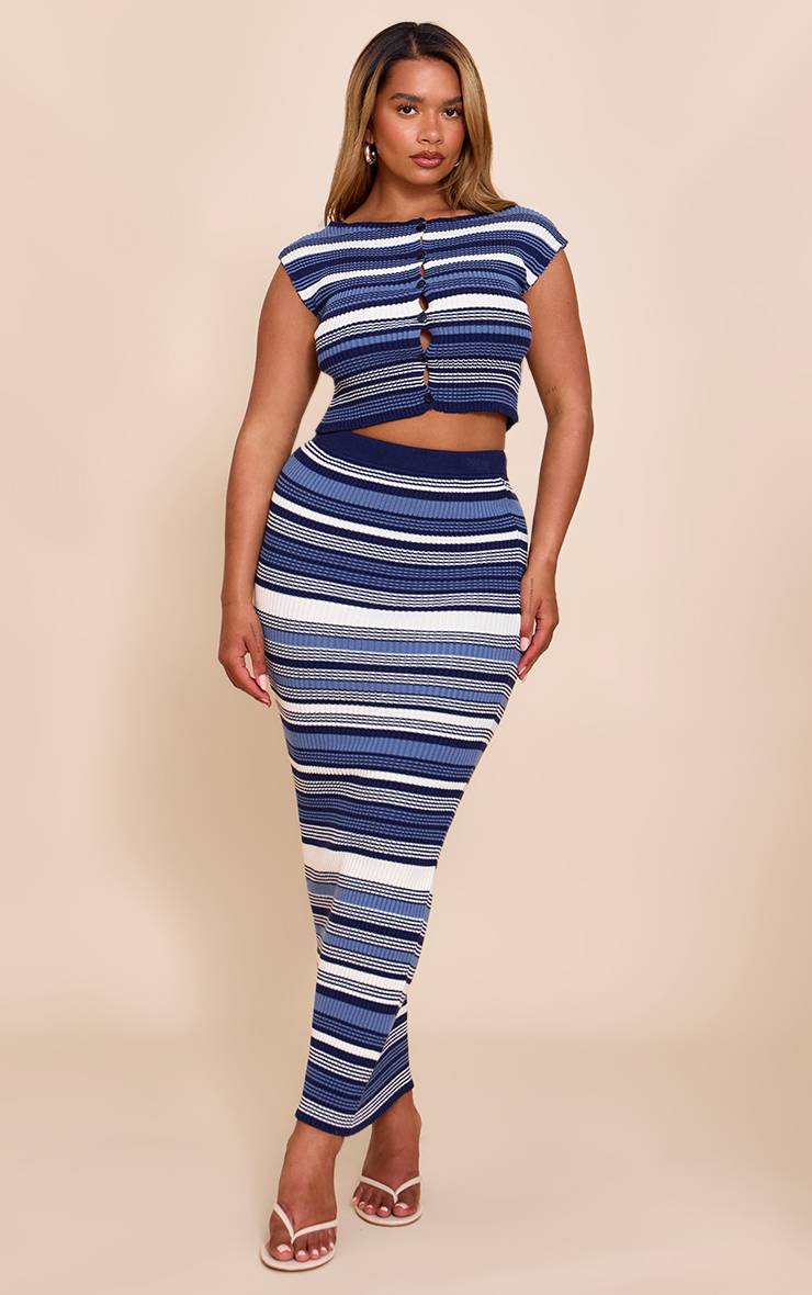 Bleu Marine Jupe Maxi En Maille Rayée Shape