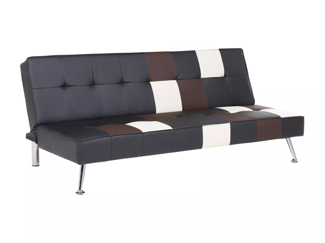 Canapé convertible 3 places patchwork en cuir PU noir et beige OLSKER