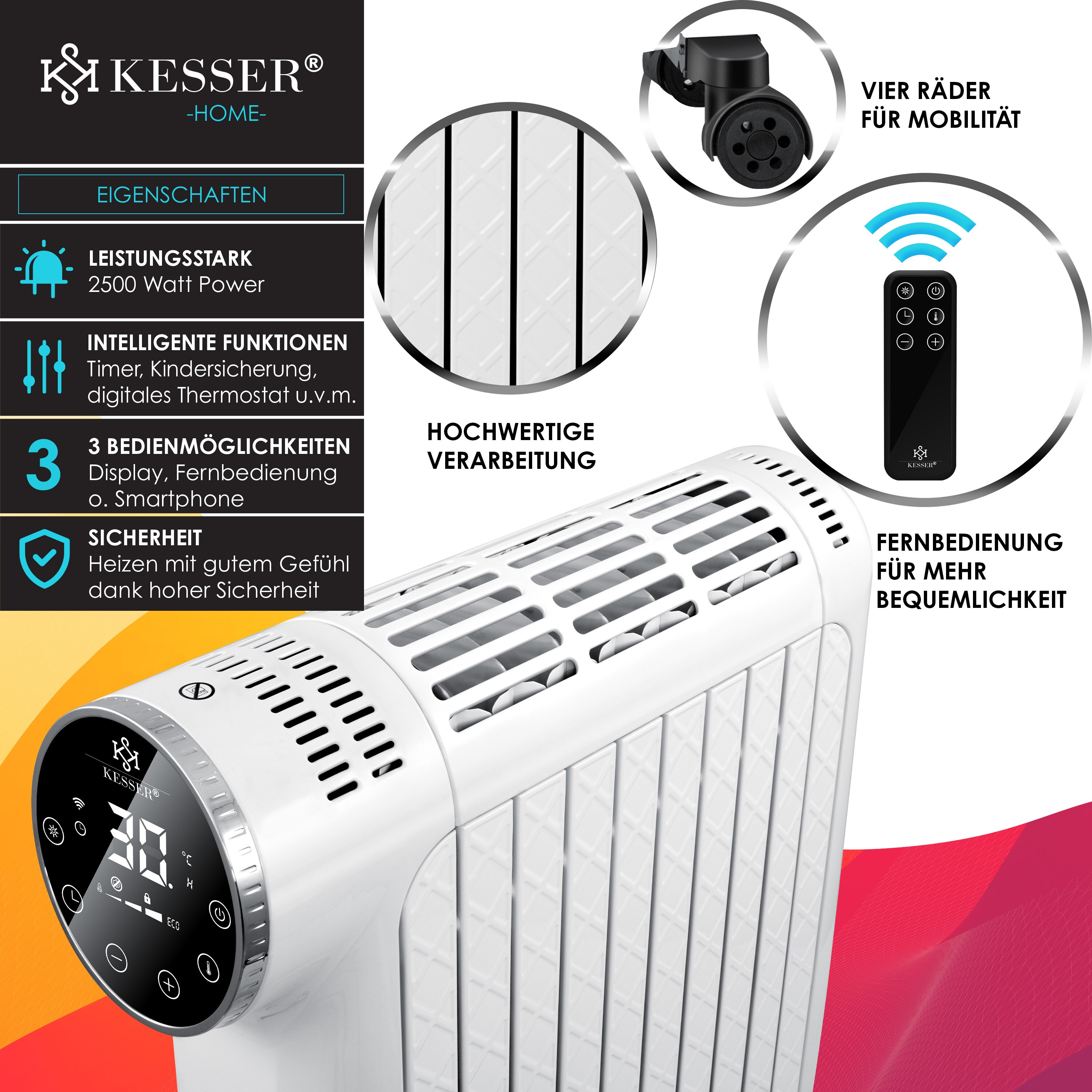 KESSER® Ölradiator 2500W Elektrische Heizung Heizkörper Elektroheizungenergiesparend mit Display WiFi App & Fernbedienung Touchscreen - Mobil Öl Radiator 24h Timer, Thermostat & Überhitzungsschutz