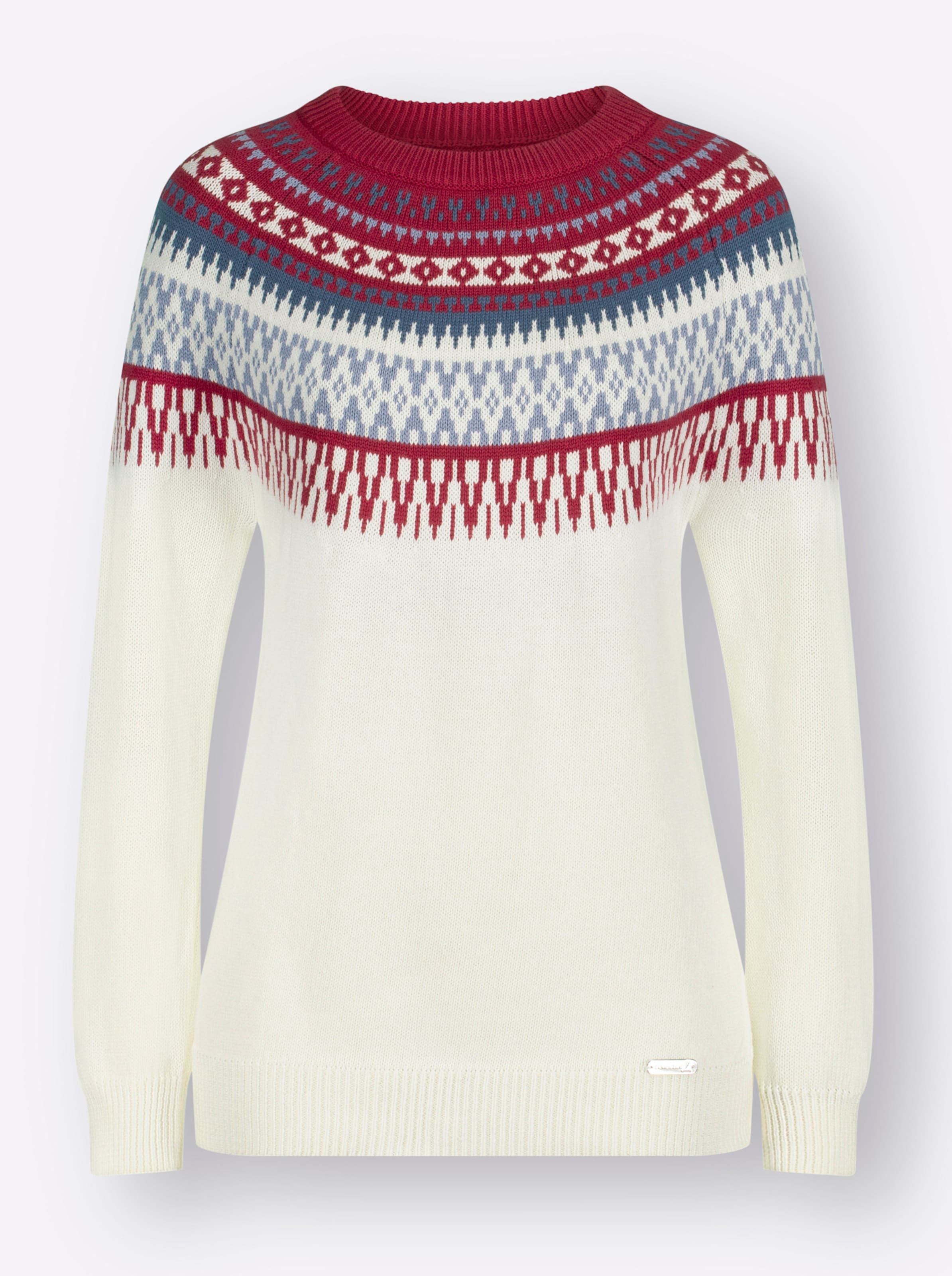 Norwegerpullover in ecru-kirsche-gemustert