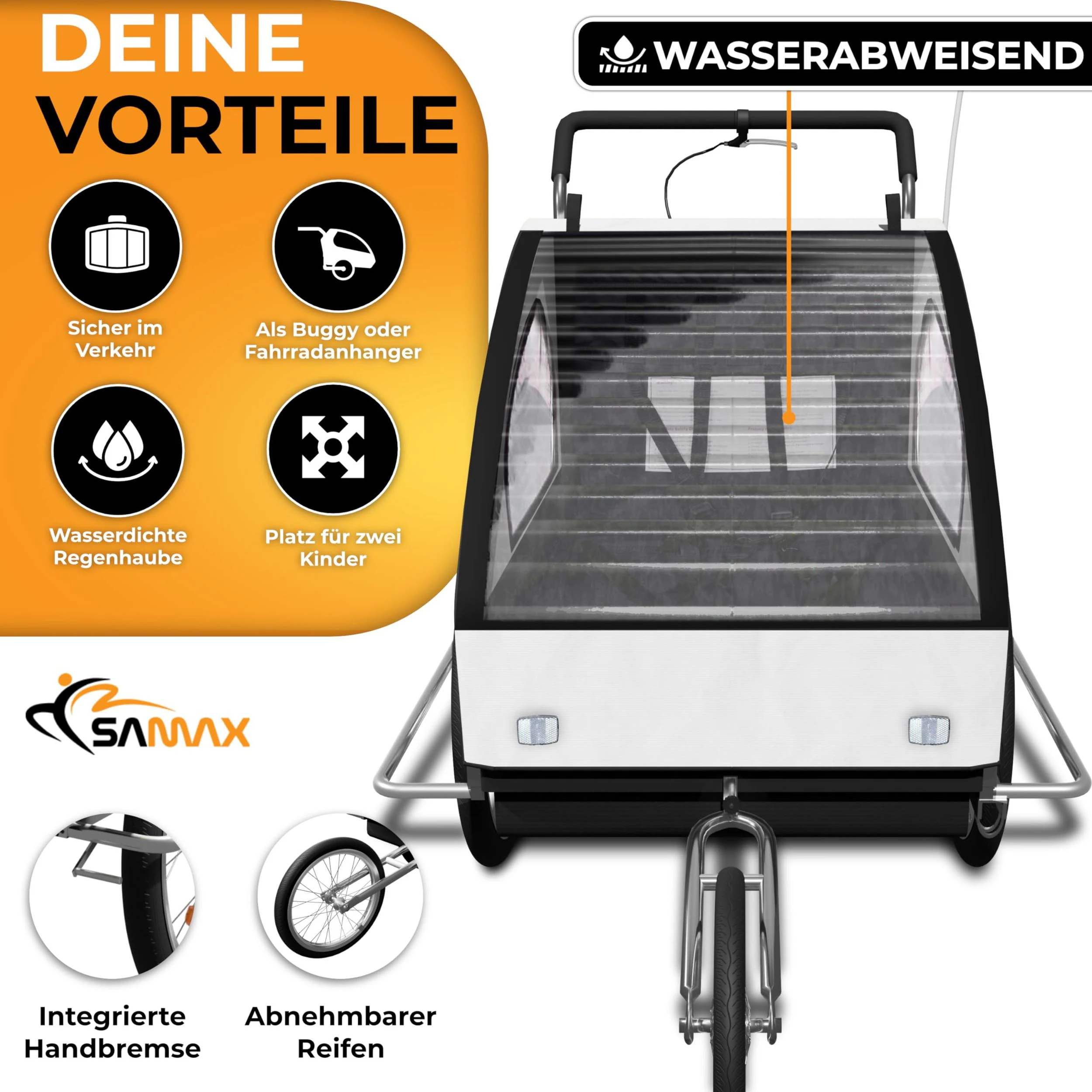 SAMAX Fahrradanhänger 2in1 Jogger - in Weiß/Schwarz - Silver Frame