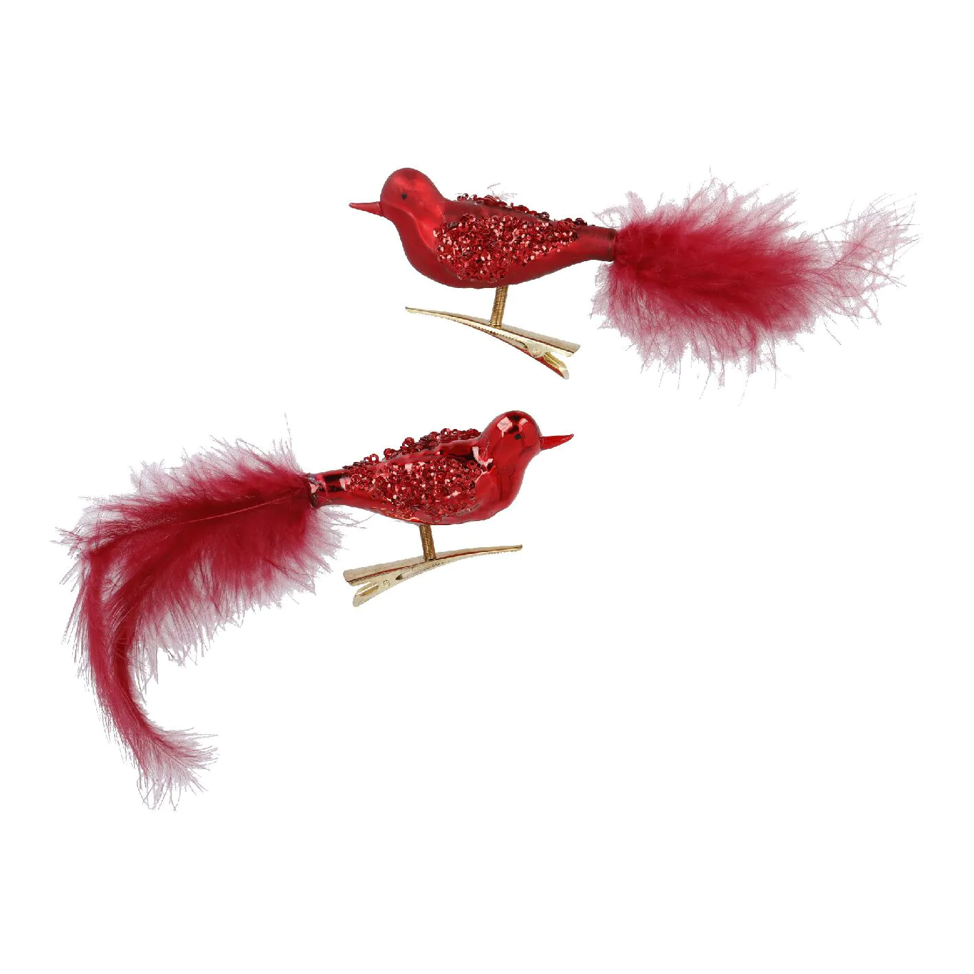 2er Set Vogel-Clip Pailletten, rot/matt/shiny, 11 cm