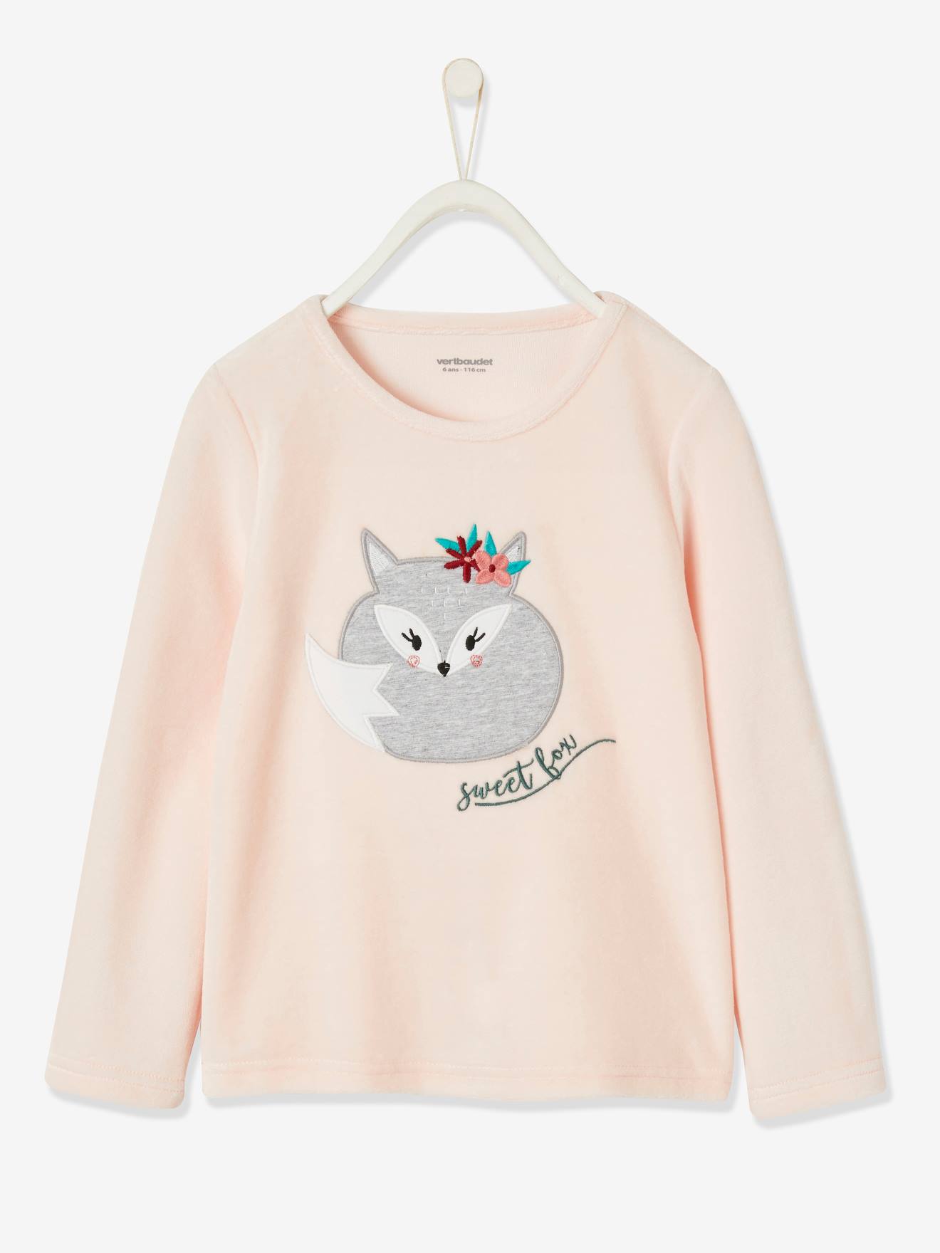 Pijama de veludo Fox para meninas, rosa claro liso com estampas.