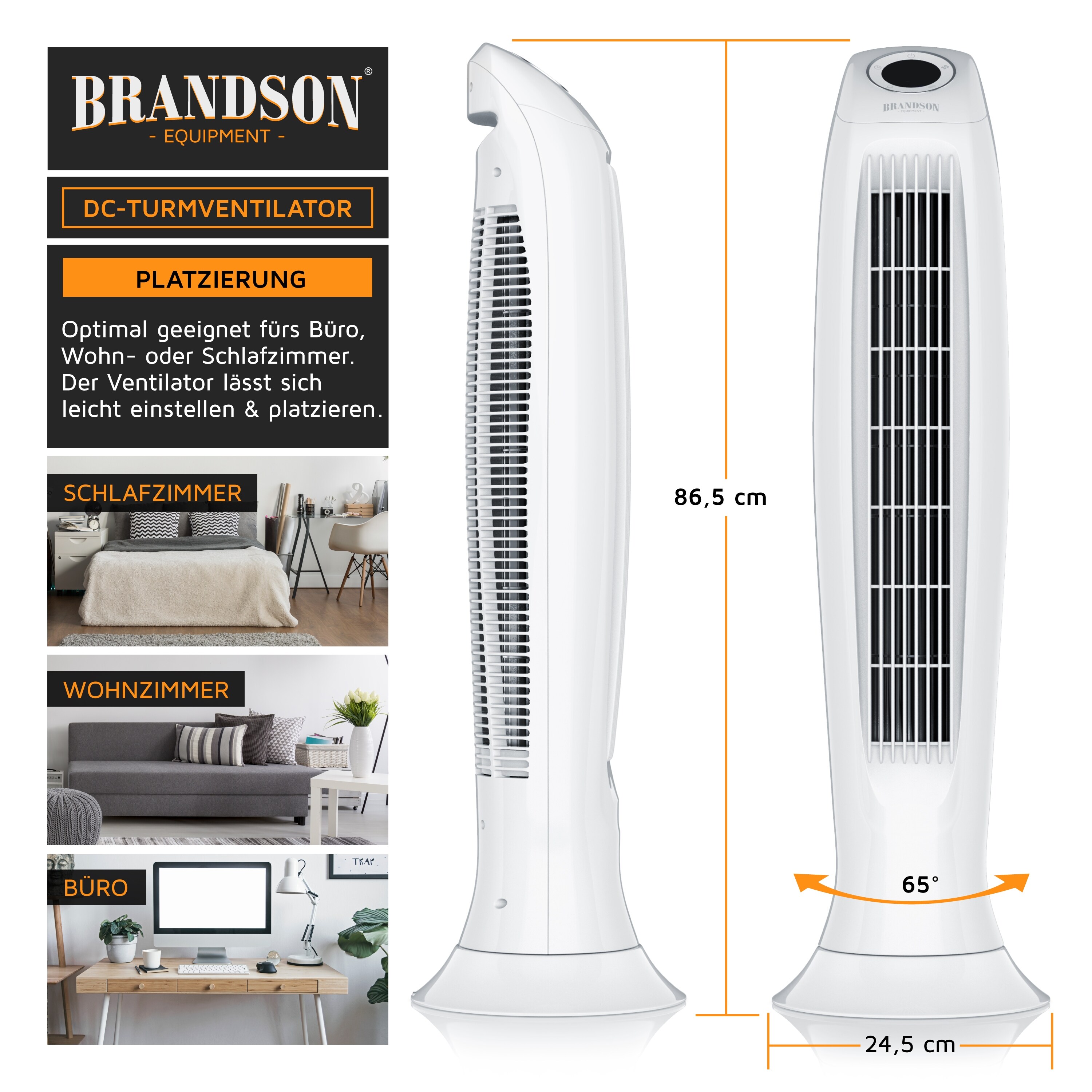 Brandson Turmventilator DC mit 9 Geschwindigkeitsstufen, Standventilor leise mit Fernbedienung, Säulenventilator mit Oszillation, Ventilator