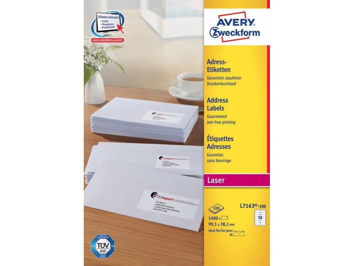 Adresseetiket Avery 99,1x38,1 mm hvid - (100 ark x 14 stk.)